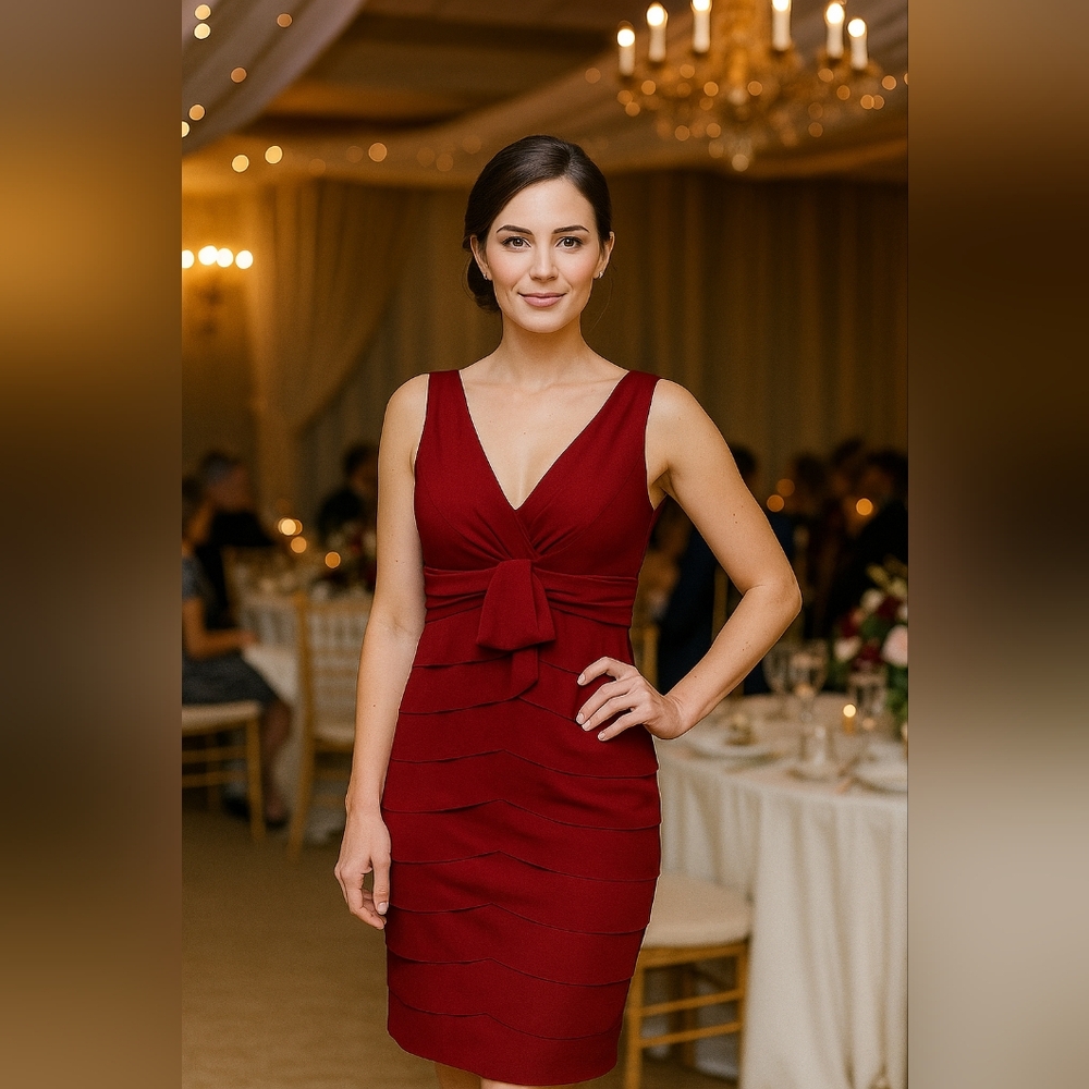 Jones Wear Tiered Red Sleeveless Sheath Cocktail Dress Size 12